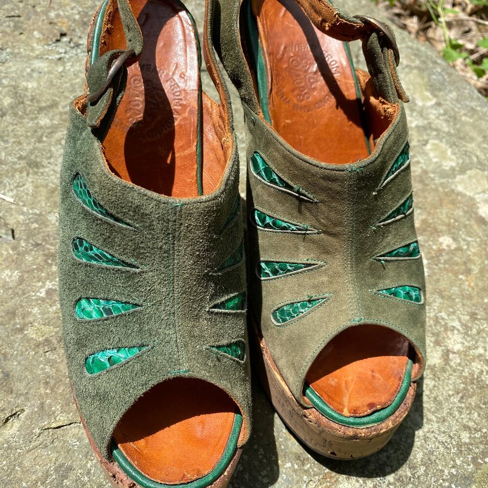 Vintage 1970's Green Suede & Snakeskin Cork Platform Sandals/Shoes